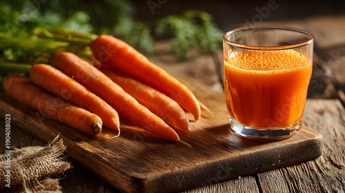 Wallpaper Mural Freshly squeezed carrot juice with whole carrots on a wooden board, healthy drink. Torontodigital.ca