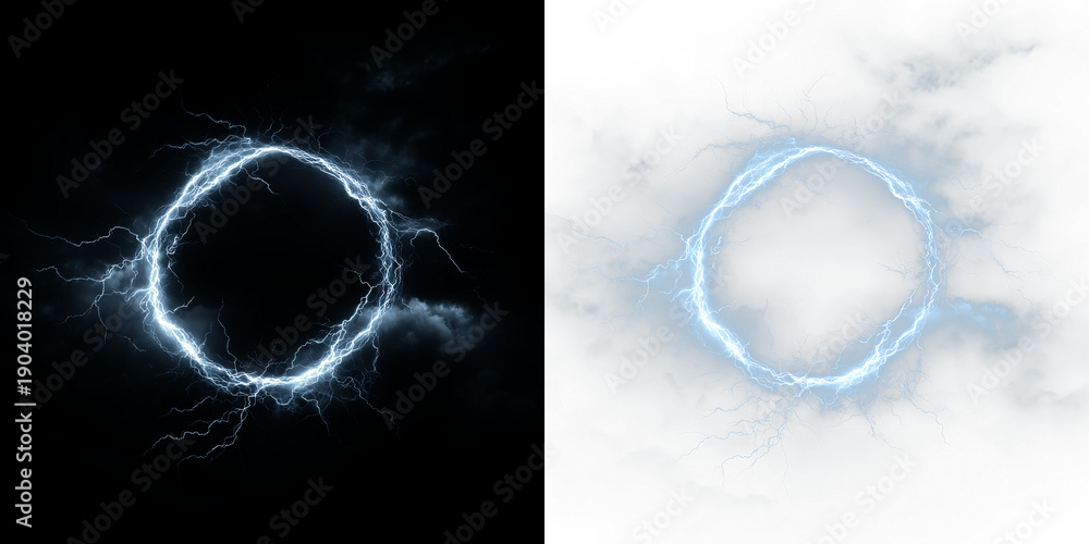 Fototapeta premium Lightning ring with a transparent background representing energy and movement in two contrasting styles