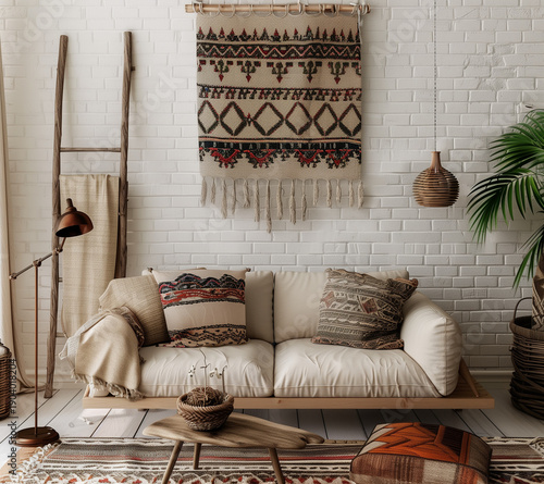 Boho Living Room Interior with Neutral Sofa, Woven Wall Tapestry and Cozy Textiles