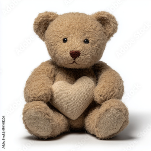 Cute Teddy Bear Holding Heart on White Background