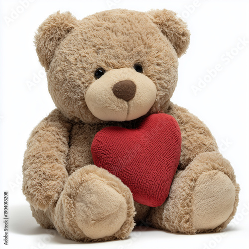 Cute Teddy Bear Holding Red Heart on White Background
