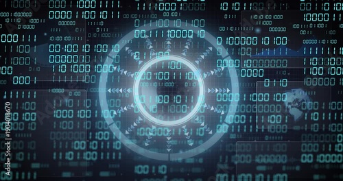Glowing HUD appearing over teal binary grid, iris rotating, arrows pulsing, showing monitoring data