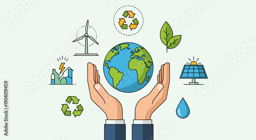 Hands holding planet earth surrounded by ecofriendly symbols.