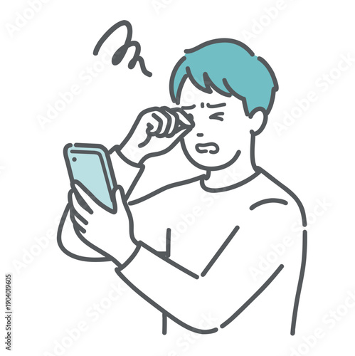 スマホを見て目をこする男性のイラスト（眼精疲労・糖尿病網膜症・ドライアイ）