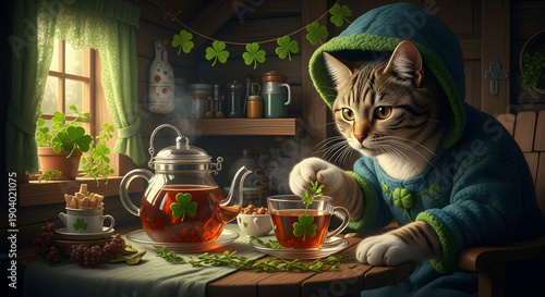 St. Patrick's Day Cat Tea Party: A whimsical cat, dressed in a festive outfit, prepares tea with a St. Patrick's Day theme, surrounded by charming decorations and treats.