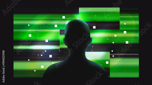 Human silhouette facing green digital data flow