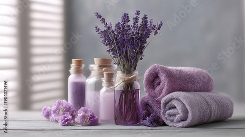 Wallpaper Mural Serene Spa Scene - Lavender Aromatherapy with Essential Oils, Towels, and Flowers for Relaxation. Torontodigital.ca