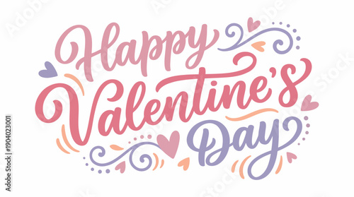 Happy Valentine’s Day typography with ornamental swirls and heart elements. Flat vector illustration with a gentle romantic and cheerful mood