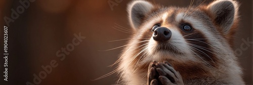 A raccoon is shown with its head bowed and its paws clasped together