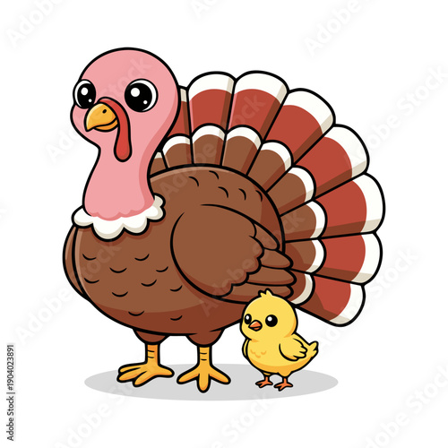 Cartoon Style Cute Turkey with a Little Chick, Farm Animal Illustration
