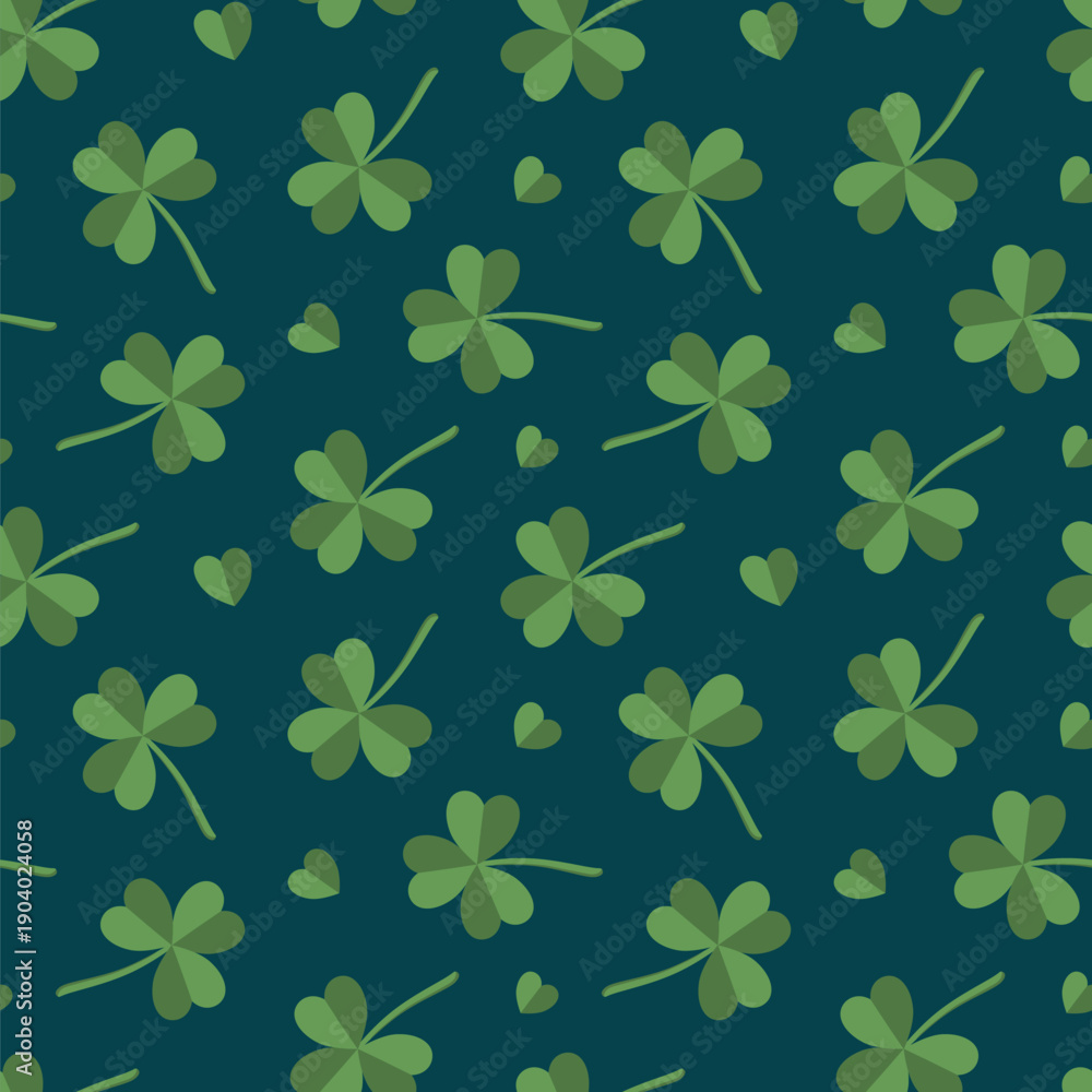 Fototapeta premium Vector seamless pattern for St. Patrick's Day with green shamrocks and hearts on deep blue background.