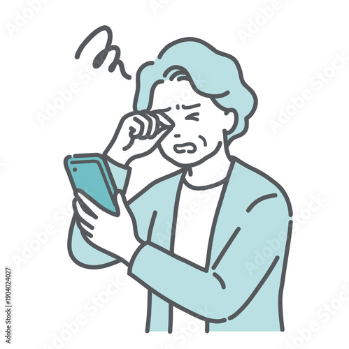 スマホを見て目をこする高齢女性のイラスト（老眼・白内障・糖尿病網膜症）