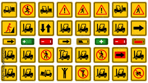 Collection of yellow warning signs and safety icons in a grid collage.