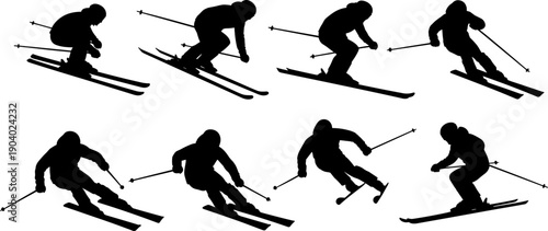 Alpine skiing action silhouette set featuring downhill skier poses in motion, winter sport activities, speed and adventure concept black vector illustration isolated on white background