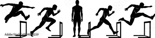 Athlete hurdling silhouette vector set illustrating sprinting, jumping and hurdle race motion sequences for track and field training, fitness and sports performance design isolated on white background