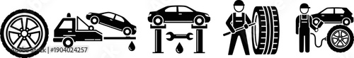 Automotive service and car repair silhouette vector set illustrating tire replacement, vehicle towing, oil change and mechanic maintenance icons isolated on white background for garage 