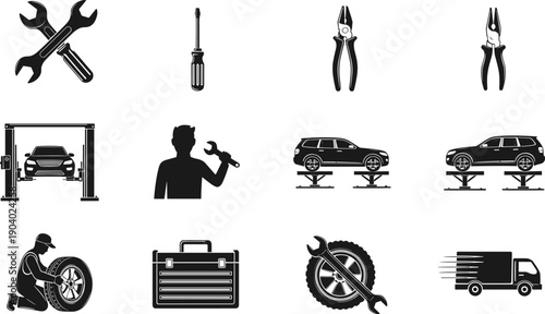 Auto repair and car service silhouette vector icons set featuring mechanic tools, vehicle lift, tire change, maintenance equipment and automotive workshop symbols isolated on white background