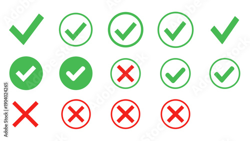 Set of circular green check mark icons and red cross icons on white background.