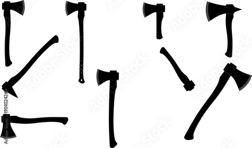 Axe and hatchet silhouette icon set showing various cutting tools, black woodworking, camping, and survival equipment illustrations isolated on white background
