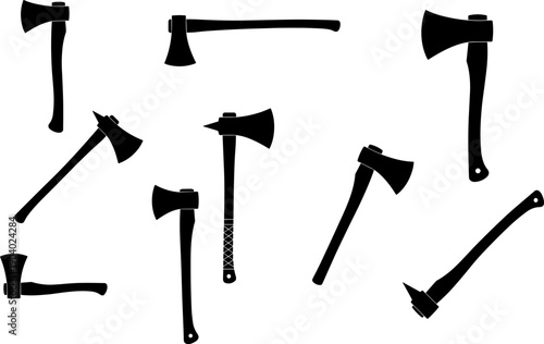Axe and hatchet silhouette set featuring various cutting tools, black woodworking and survival equipment icons isolated on white background for industrial and outdoor design