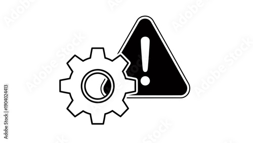 Warning sign with exclamation mark and gear illustration for industrial maintenance.