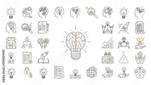 Collection of lightbulbs and idea icons illustrating creativity, collaboration, and innovation.