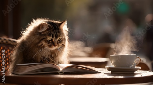 Wallpaper Mural A fluffy cat engrossed in reading a book next to a steaming cup of coffee on a table. Torontodigital.ca