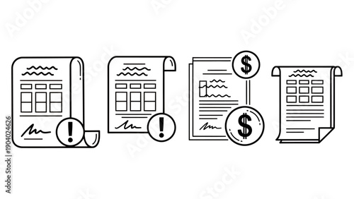Group of official documents including invoices, forms, receipts and seals indicating financial paperwork and contracts.
