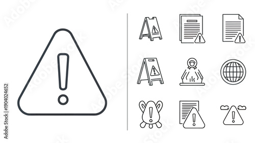 Warning triangle with exclamation mark and assorted icons including documents, globe and people symbols.