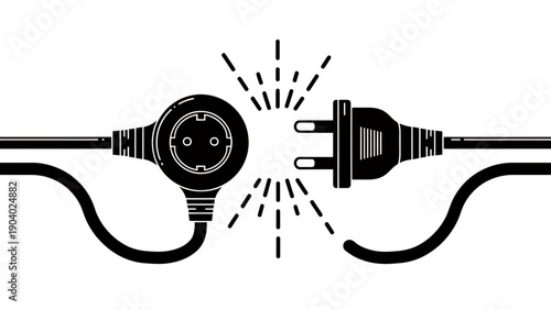 Two electrical plugs facing each other with a bright spark indicating power transfer and connection.