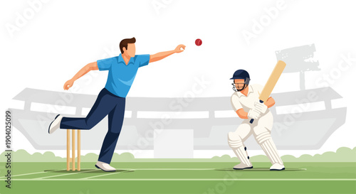 Illustration of a cricket bowler throwing a ball with a batsman ready to hit in a stadium with a green field and white lines.