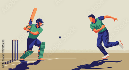 Illustration of two cricket players in action on a field with a batsman and a fielder in a dynamic pose with a beige background.