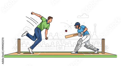 Illustration of a cricket bowler throwing a ball with a batsman ready to hit in a cartoon style with a white background and cityscape outline.