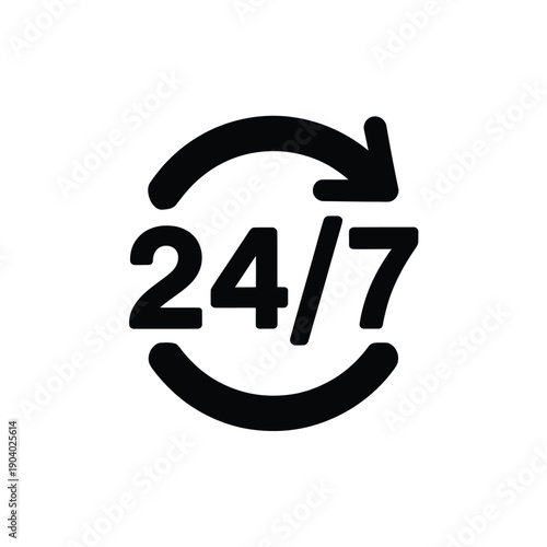 Black icon displaying 24 7 within a circular arrow symbol