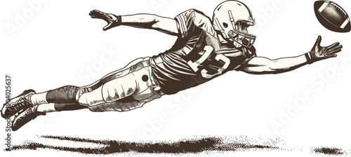 American Football Player Diving Catch Vector Illustration, Sepia Tone, Isolated on White