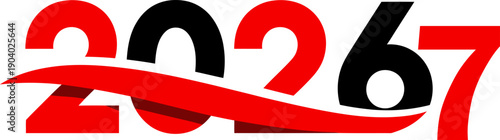 2026 and 2027 red and black numbers vector illustration with flowing ribbon, isolated on white