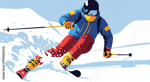 Illustration of a skier in motion, wearing red pants and a blue jacket, skiing down a snowy slope with snow splashing, against a backdrop of snow-capped mountains.
