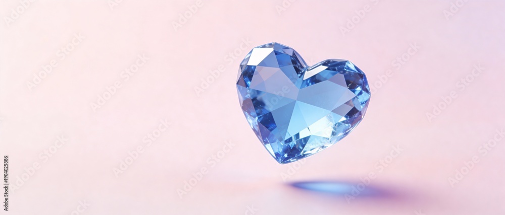 Fototapeta premium Sparkling blue crystal heart floating on a soft pink background with subtle shadow