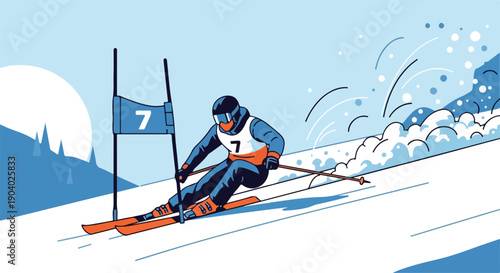 Illustration of a skier in a blue and orange uniform navigating a slalom course with a flag marker on a snowy slope.