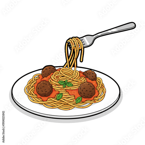 Clean Line Spaghetti and Meatballs Delicious Plate with Fork Illustration