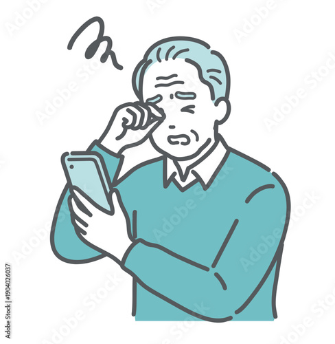 スマホを見て目をこする高齢男性のイラスト（白内障・緑内障・老眼）