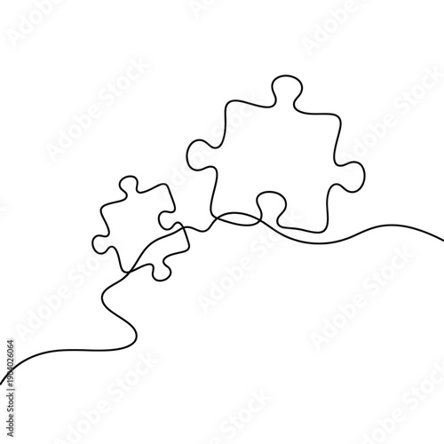 Fotografija Continuous line drawing depicts interlocking puzzle pieces and a flowing curve