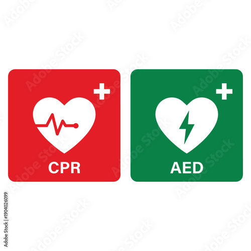 Red cpr and green aed signs with heart and medical symbols