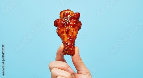 Hand holding spicy chicken wing