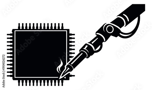 Simple graphic illustration of a soldering iron and microchip depicting circuit connection for electronics assembly