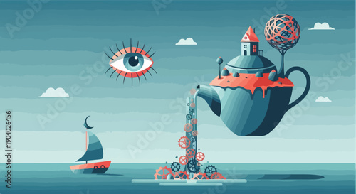 Illustration of a surreal scene with a teapot pouring gears, an eye, and a sailboat on a body of water under a blue sky with clouds.
