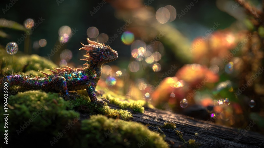 Fototapeta premium Magical Miniature Dragon in Enchanting Forest with Glowing Moss and Sparkling Bubbles Captures Fantasy and Imagination