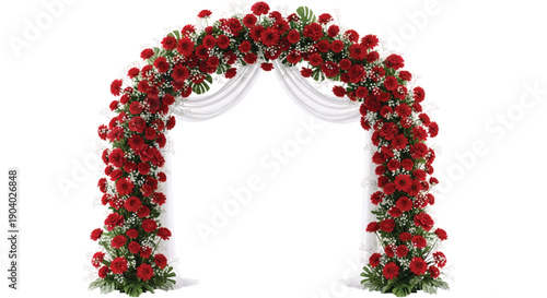 Floral Archway of Celebration: A beautifully crafted floral arch, adorned with vibrant red blooms and delicate white draping, stands as a symbol of joyous celebration and new beginnings.
