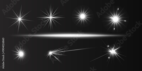 Light flare, white beam glow, sparkling flash. Abstract sparkle explosion elements with clean light beams and soft glow accents on transparent grid, suitable for digital compositions.