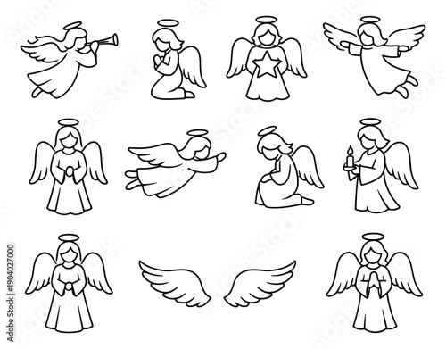 Hand drawn line art angels set featuring a collection of angelic figures in various poses for religious and holiday designs